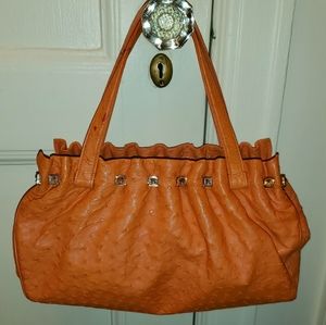 Judith Lieber Vintage Vibrant Orange Ostrich Skin Handbag Trimmed with Swarovski